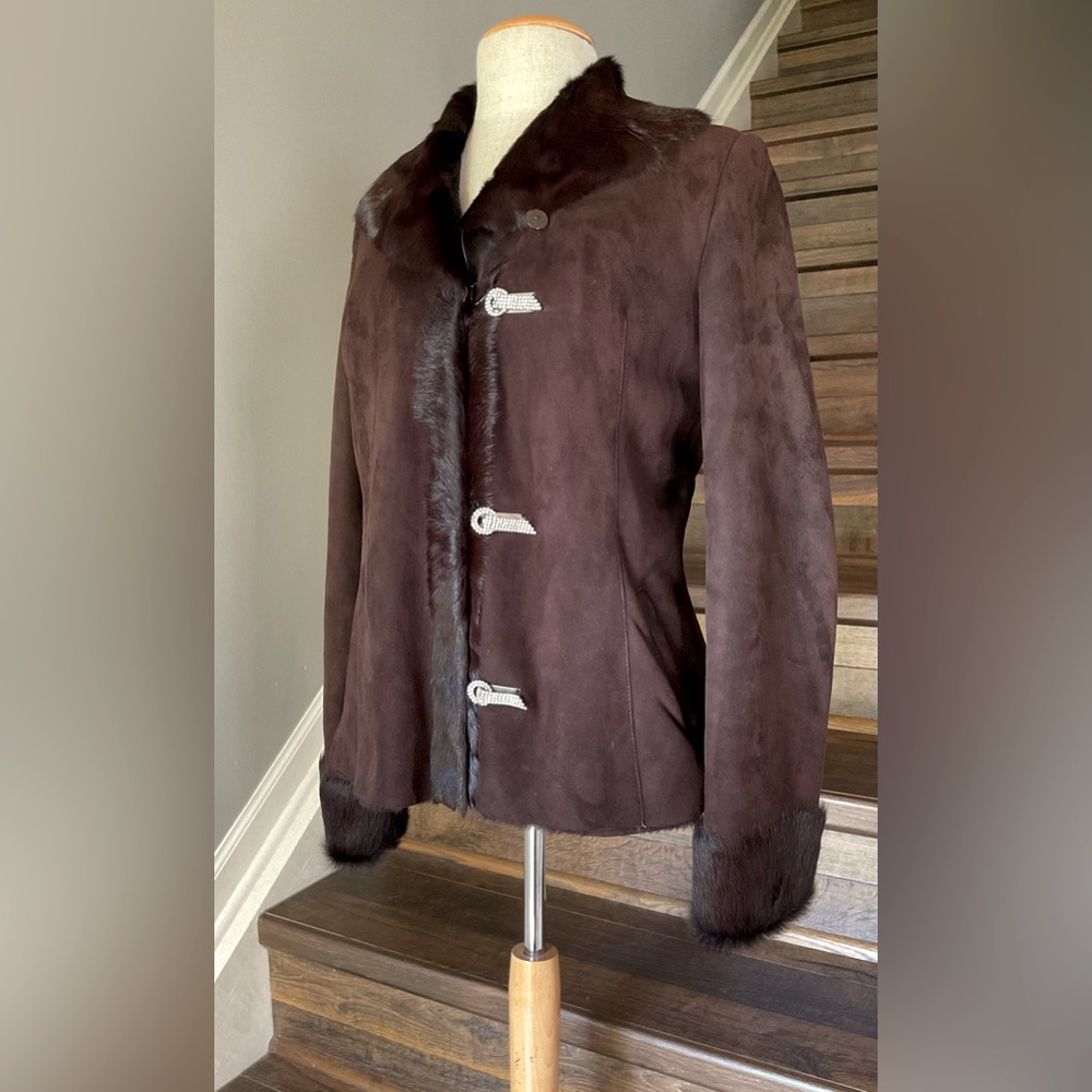 Soft Real Fur Warm Dark Chocolate Brown Embellished Shearling Jacket Med/10/12 - Picture 1 of 12